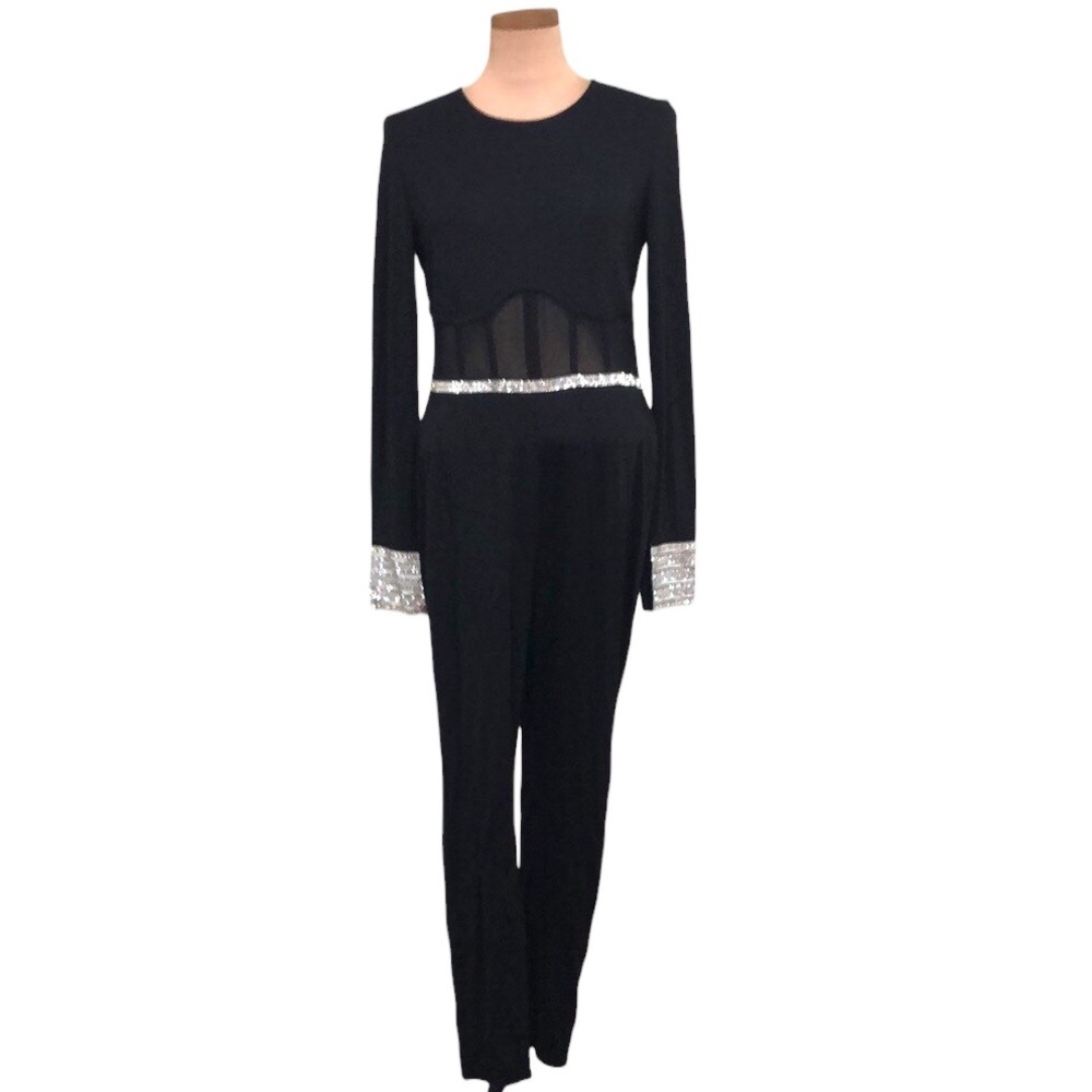 Bebe Jumpsuit Size Large Black Mesh Corset Silver Rhinestone Crystals